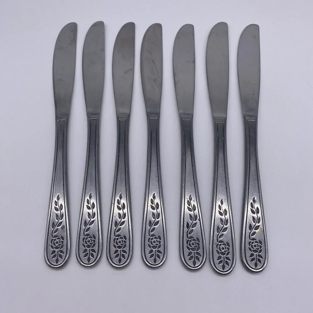 Rogers Oneida Rose Scroll Dinner Knives Set of 7 8.5” Stainless Korea